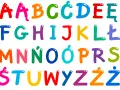 Kolorowy alfabet polski z dwuznakami: A, Ą, B, C, Ć, D, E, Ę, F, G, H, I, J, K, L, Ł, M, N, Ń, O, Ó, P, R, S, Ś, T, U, W, Y, Z, Ź, Ż.