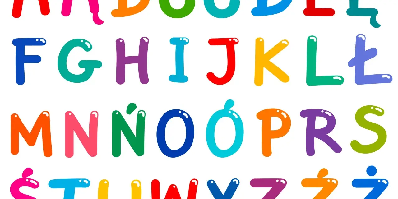 Kolorowy alfabet polski z dwuznakami: A, Ą, B, C, Ć, D, E, Ę, F, G, H, I, J, K, L, Ł, M, N, Ń, O, Ó, P, R, S, Ś, T, U, W, Y, Z, Ź, Ż.