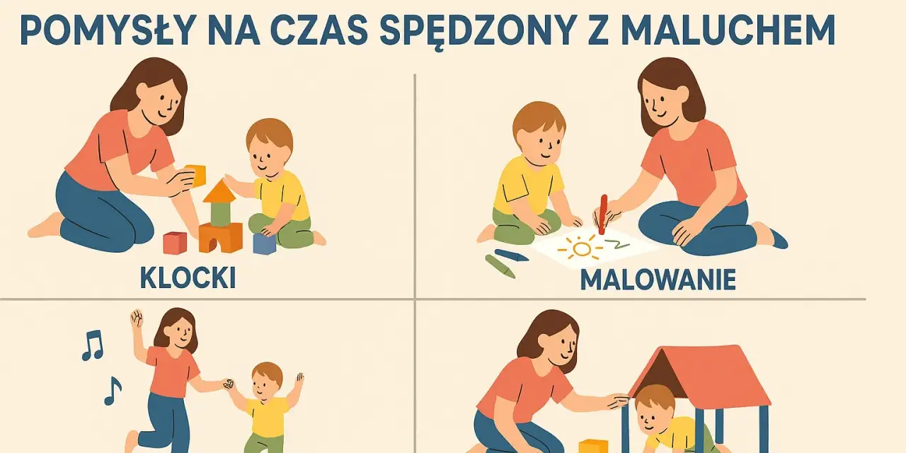 Pomysły na zabawy dla dwulatka w domu: budowanie z klocków, malowanie, taniec i tor przeszkód.