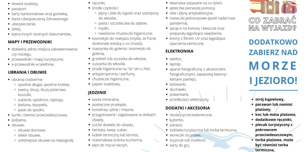 Lista rzeczy, co zabrać na wakacje nad morze z dzieckiem: dokumenty, kosmetyki, leki, ubrania, jedzenie, elektronika i akcesoria plażowe.