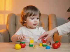 Małe dziecko z zapałem układa klocki, ucząc się liczyć. Obok pomidorki i cytryna.
