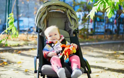 Uśmiechnięte dziecko w kolorowym sweterku i różowych skarpetkach siedzi w spacerówce, trzymając zabawkę. Czas na spacer!