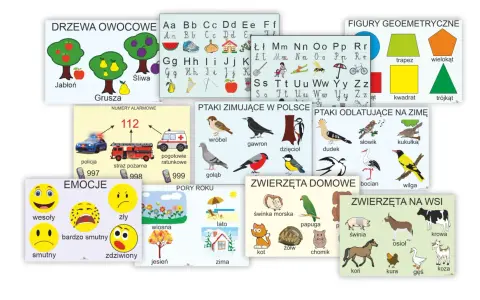 Zestaw plansz edukacyjnych dla klas 1-3: owoce, litery, figury, ptaki, emocje, pory roku, zwierzęta.