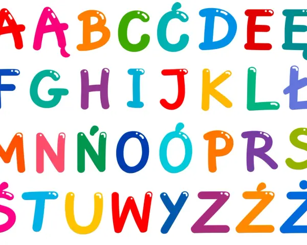 Kolorowy alfabet polski z dwuznakami: A, Ą, B, C, Ć, D, E, Ę, F, G, H, I, J, K, L, Ł, M, N, Ń, O, Ó, P, R, S, Ś, T, U, W, Y, Z, Ź, Ż.