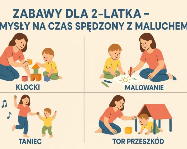 Pomysły na zabawy dla dwulatka w domu: budowanie z klocków, malowanie, taniec i tor przeszkód.