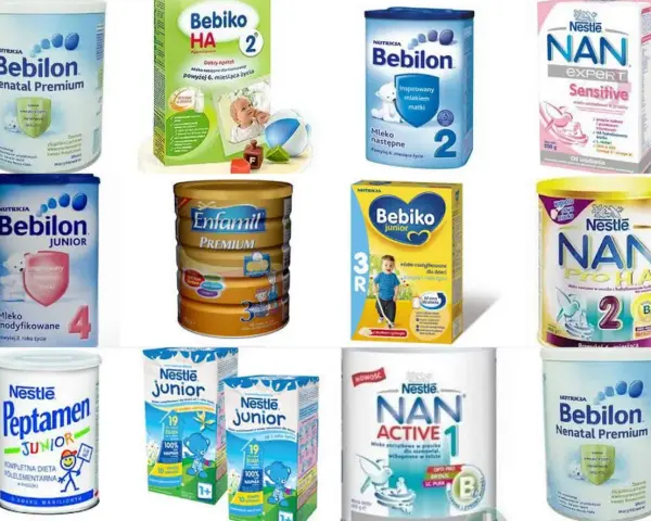 Wybór, jakie mleko dla noworodka jest najlepsze, może być trudny. Na zdjęciu różne rodzaje mleka modyfikowanego: Bebilon, Bebiko, Enfamil, NAN, Peptamen.