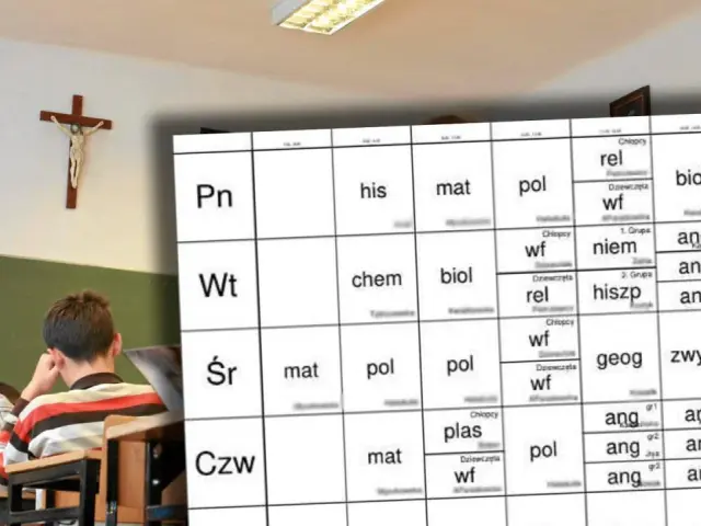 Lekcja religii "Poznaję Boży świat" w klasie 1. Na ścianie krzyż i godło Polski. W tle plan lekcji.