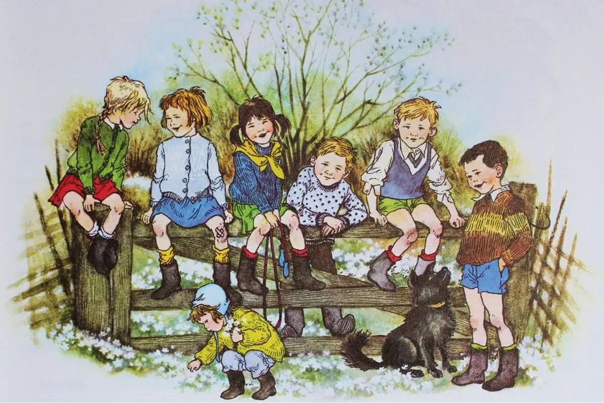 Dzieci z Bullerbyn, w tym Lisa, Anna, Britta, Lasse, Bosse, Olle i Kerstin, siedzą na płocie.